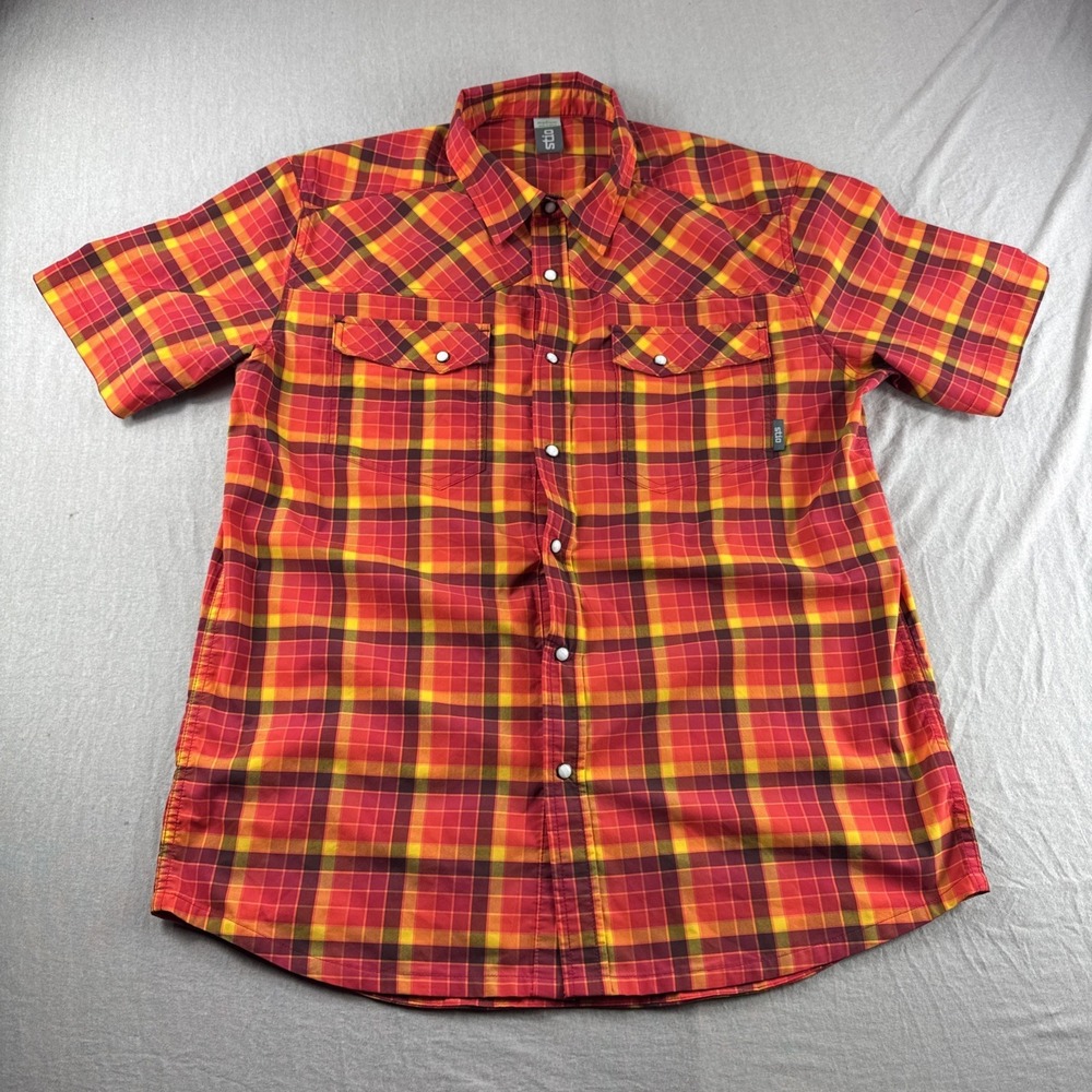 Stio Eddy Pearl Snap Shirt Men's M Plaid Short Sleeve Orange Red Western Cowboy